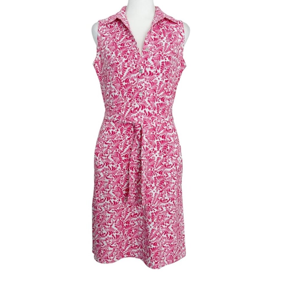 J. McLaughlin Pink White Sleeveless Collared Belted Jersey Resort Golf Dress XS